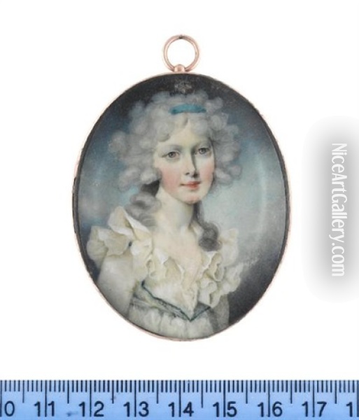 Miss E. Lanesborough, Wearing White Dress With Frilled Collar And Blue Trim To The Shoulders And Bodice, Her Powdered Wig Dressed With A Turquoise Bandeau Oil Painting - John Donaldson