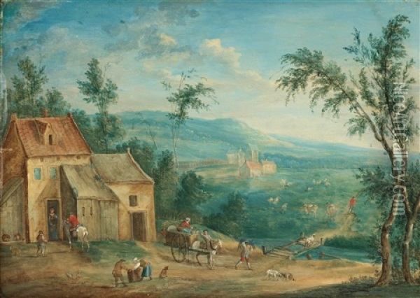 Vidstrackt Landskap Med Byggnader Och Figurer Oil Painting - Joseph van Bredael