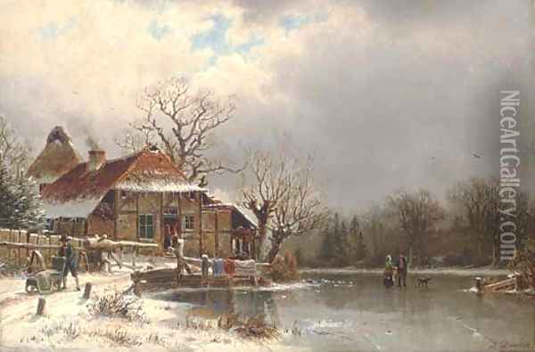 Figures at a cottage on a frozen waterway Oil Painting - Johannes Bartolomaus Duntze