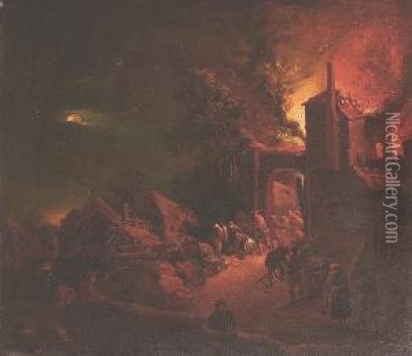 A Village At Night With Numerous Figures Fleeing From Burning House Oil Painting - Johann Georg Trautmann