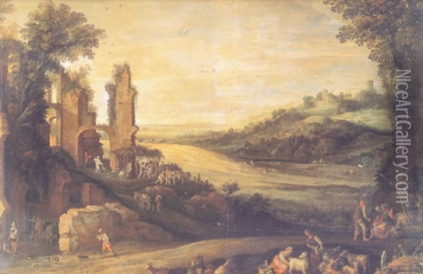 Landscape With Villagers And Ruins In The Background Oil Painting - Paul Bril