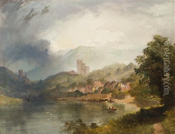 Village Along The River Oil Painting - Henry Bright