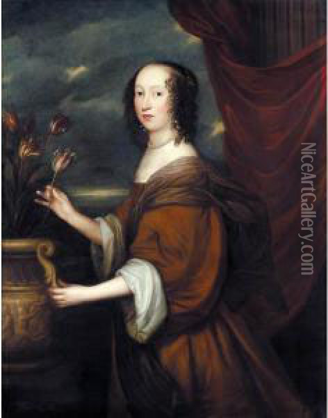 Portrait Of Lady Ingleby, 
Three-quarter Length, Standing Beside An Urn Of Tulips, Wearing A Brown 
Dress And A Pearl Necklace Oil Painting - John Hayls