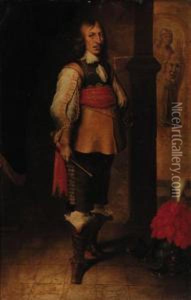 Portrait Of An Officer, Standing
 Small-full-length, In A Buffjekin, Breast Plate And A Red Embroidered 
Sash, Holding A Baton, Aplumed Helmet At His Feet Oil Painting - Wybrand Simonsz. de Geest