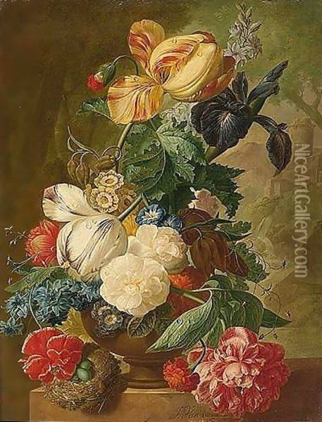 A Still Life Of Flowers, Including Tulips, A Delphinium And An Iris In A Stone Vase, A Bird's Nest With Eggs Below And A Landscape Beyond Oil Painting - Jan van Os