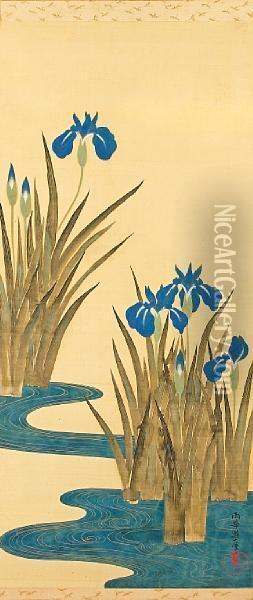 Irisesbeside A Stylized Curving Stream Oil Painting - Sakai Doitsu
