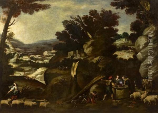 Wide Mountainous Landscape With Shepherds And Their Flock Oil Painting - Francisco Collantes