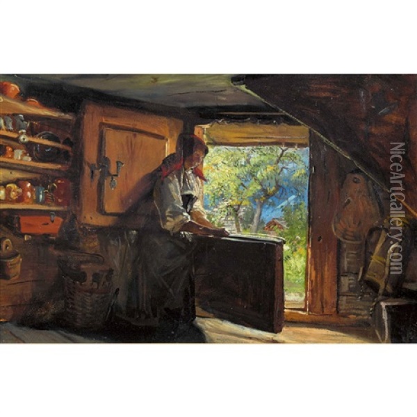 Interieur Mit Bauerin Oil Painting - Konrad Grob