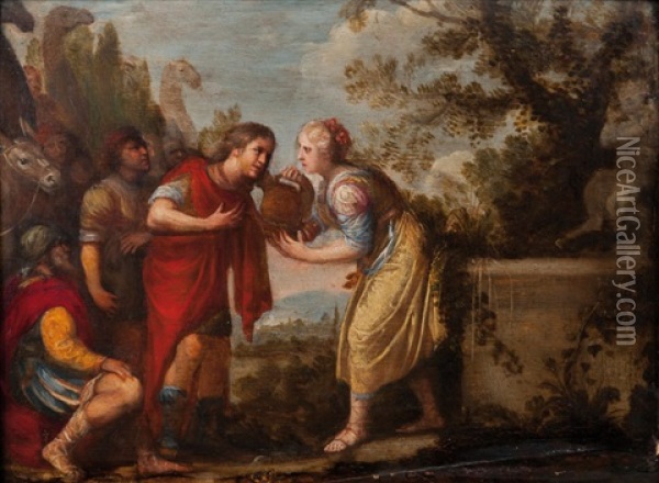 Rebecca And Eliezer By The Well Oil Painting - Hendrik van Balen the Elder