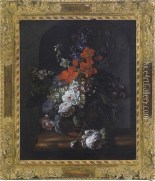 Ein Blumenstraus In Einer Ornamental Verzierten Tonvase Oil Painting - Jan Van Huysum
