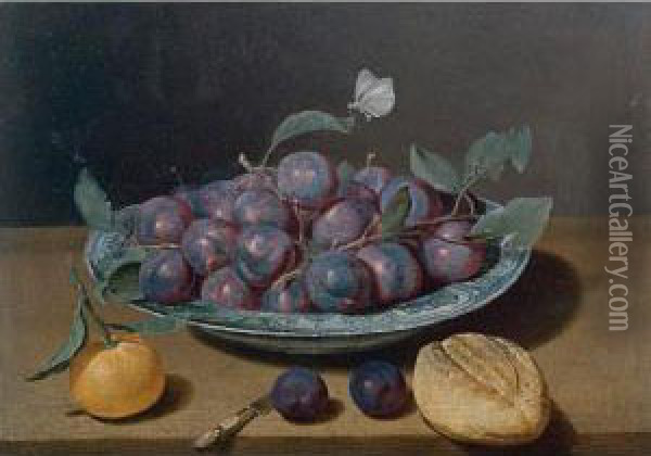 Still Life Of A Plate Of Plums And A Loaf Of Bread Oil Painting - Jacques Linard