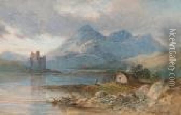 Eilean Donan Castle With Figure By The Loch Side Oil Painting - Samuel Bough