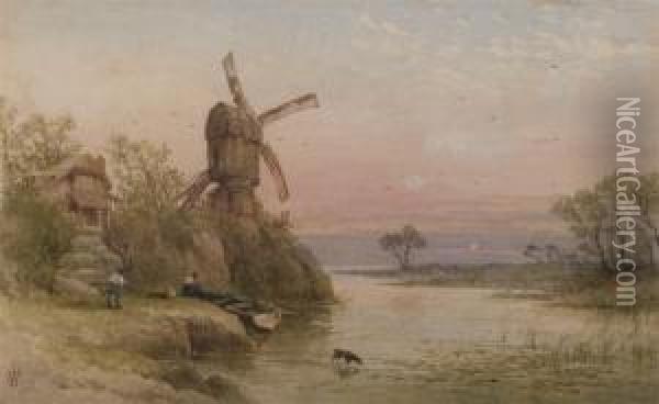 A Windmill By A River At Dusk Oil Painting - William Cook Of Plymouth