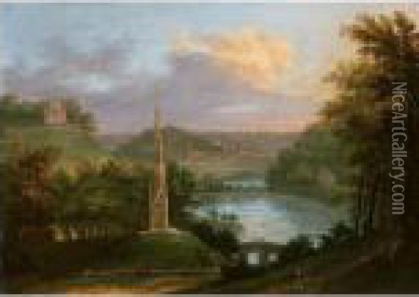 View Of The Park At Stourhead With Figures By The Monument Oil Painting - Coplestone Warre Bampfylde