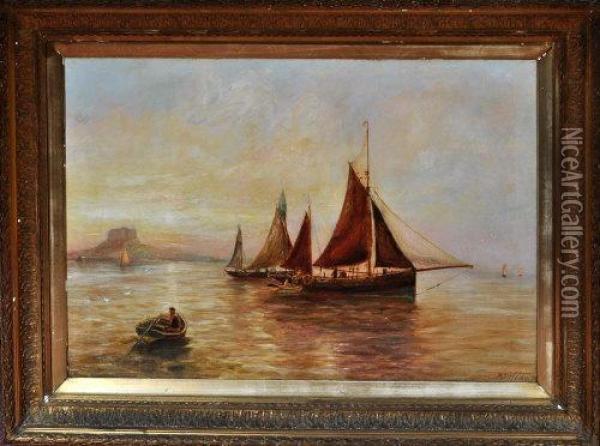 Fishing Boats With Lindisfarne Castle In The Distance Oil Painting - Bernard Benedict Hemy