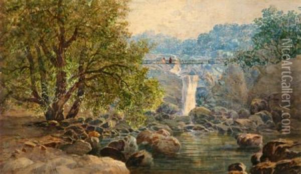 Figures Crossing A Suspension Bridge Above A Rockywaterfall Oil Painting - John Blair