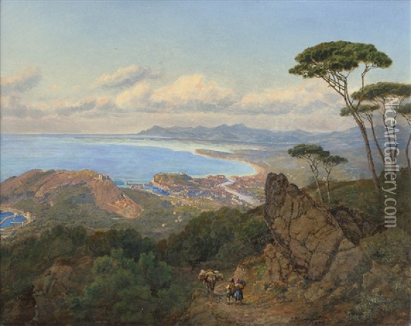Blick Von Einer Anhohe Auf Nizza Und Die Baie Des Anges Oil Painting - Johann Baptiste Heinefetter