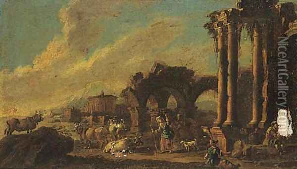 Shepherds and shepherdesses amongst classical ruins Oil Painting - Antonio Diziani