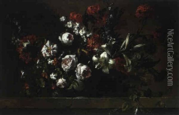 Roses Et Autres Fleurs Dans Une Coupe Sur Une Table En      Pierre Oil Painting - Jean-Baptiste Monnoyer