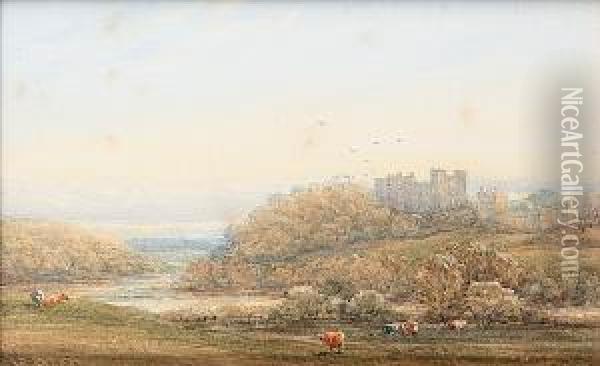 Figures On A Country Path By A 
Castle, Together With Another Of A River Landscape With Castle And 
Cattle Grazing, Possibly Alnwick Castle, (2) Oil Painting - James Orrock