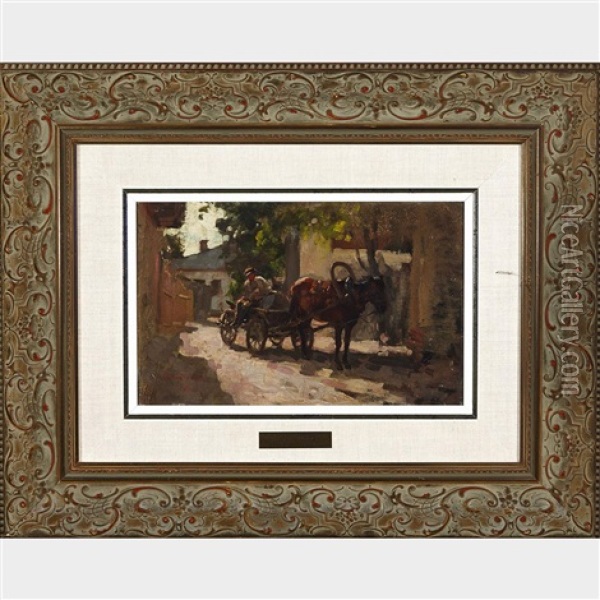 Farmer And Cart In A Shaded Village Lane Oil Painting - Nicolae Grigorescu