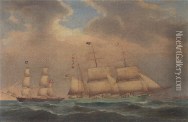 Dobbelt Skibsportraet Af Tremastet Bark Samt Skonnert Oil Painting - Lorenz Petersen