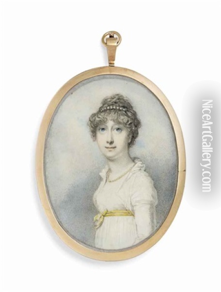 A Young Lady, In White Dress With Long Sleeves, Yellow Sash Tied In A Bow Around Waist, Wearing Pearl Necklace, Strand Of Pearls Oil Painting - Richard Cosway