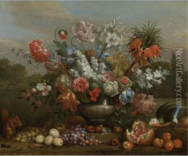 Still Life With Flowers In A 
Silver Urn With Fruits, A Squirrel And A Parrot Resting On The Ground 
Beside It Oil Painting - Jakob Bogdani Eperjes C