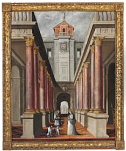 Palace Exterior With An Elegant Couple Oil Painting - Pietro Bellotti