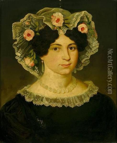 Portrait Einer Jungen Fraumit Perlenkette, Spitzenhaube Mit Rosenbluten Und Schwarzem Kleid Oil Painting - Lukas Kirner