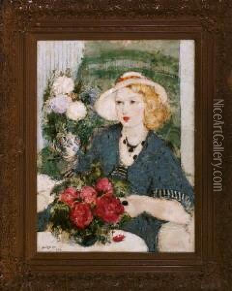 Halbportrait Einer Blonden Dame Im Blauen Kleid Mit Blumen Im Interieur Oil Painting - Narcisse Guilbert