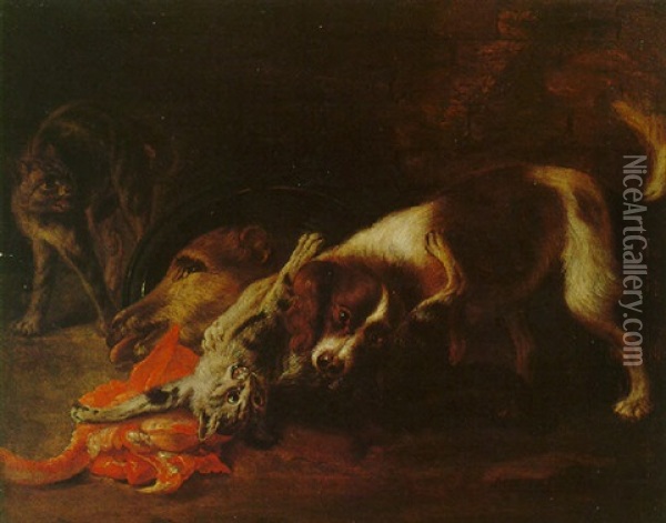 A Spaniel Attacking Two Cats Oil Painting - Alexandre Francois Desportes