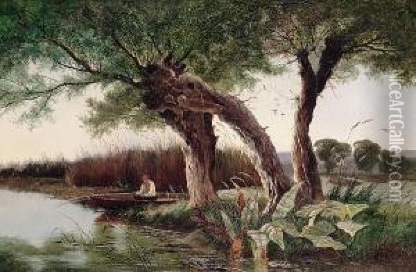 Fishing In A Reed Bed Oil Painting - Edwin H., Boddington Jnr.