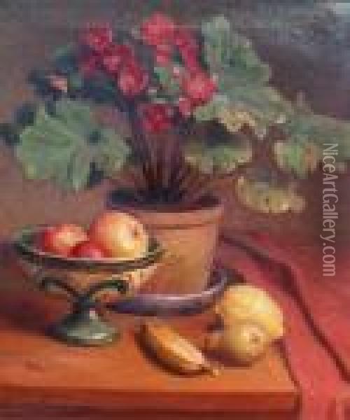 Potted Plant And Fruit Oil Painting - Axel Johansen