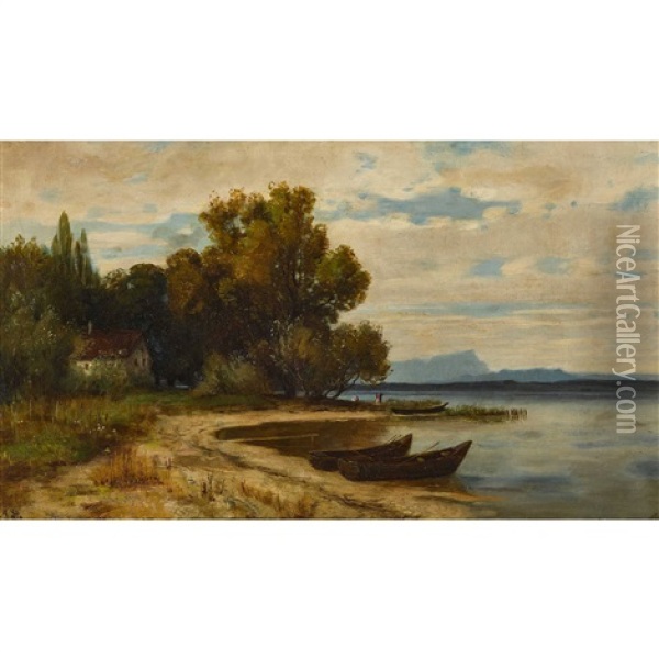 Uferpartie Mit Booten Oil Painting - Adolf (Johann) Staebli