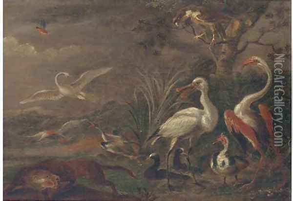 A fox chasing birds in a landscape Oil Painting - Ferdinand van Kessel