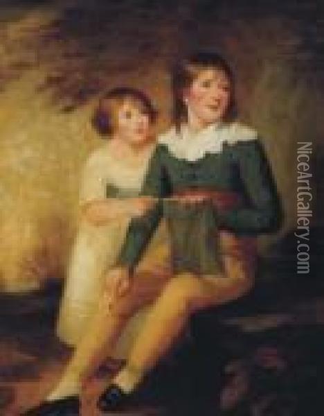 Portrait Of A Boy And A Girl, Full-length, The Boy With A Sketch Pad And Pen Oil Painting - Sir Henry Raeburn