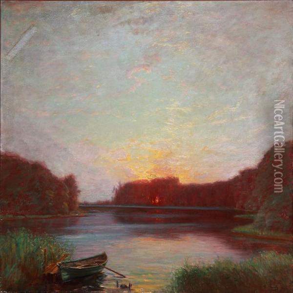 Sunset Over A Forest Lake Oil Painting - Peter Busch