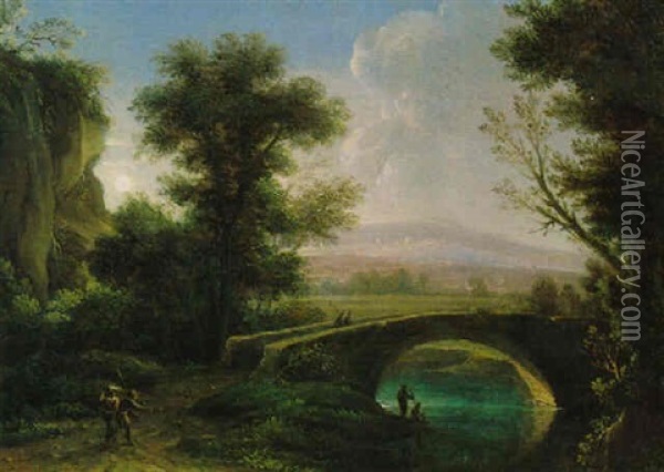 Flusslandschaft Mit Einer Steinernen Bruecke Oil Painting - Peter Von Bemmel