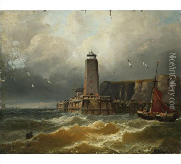 Ships In Rough Seas Oil Painting - Andreas Achenbach