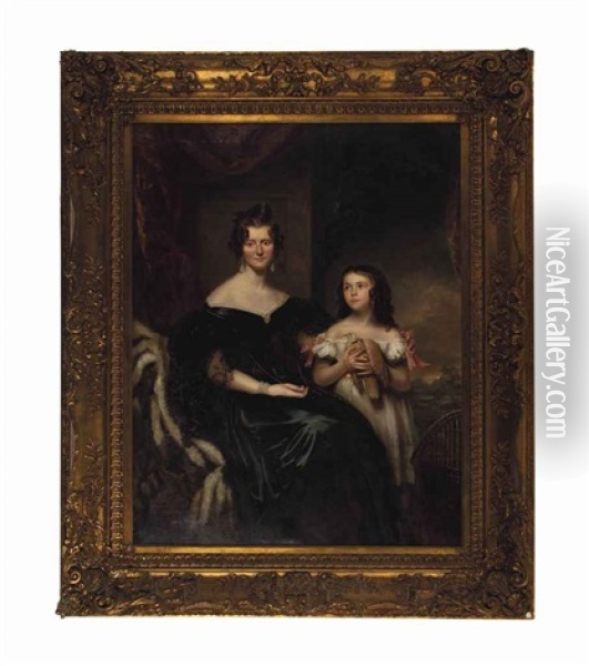 Portrait Of A Lady, Three-quarter Length, Seated, In Black, With Her Daughter, Holding A Turtledove Oil Painting - John Watson Gordon