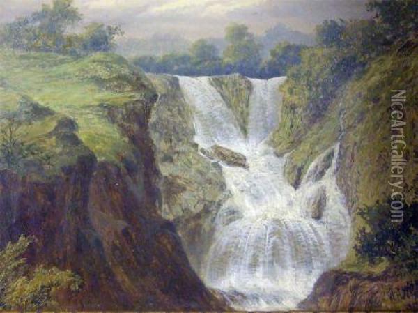 Bears Signature, Oil, The Waterfall, 18 Oil Painting - William Henry Mander