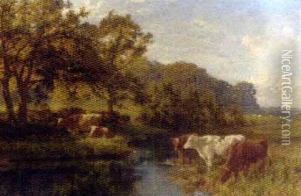 Cattle Watering In A Meadow Oil Painting - Charles Collins II