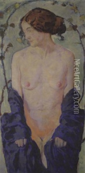 Standing Nude With Blue Robe Oil Painting - Koloman (Kolo) Moser