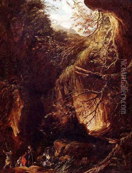 Figures By A Waterfall In A Wooded Landscape Oil Painting - Hubert Robert