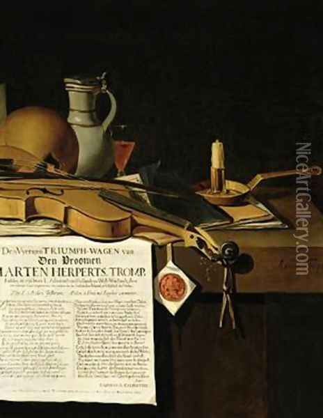 Vanitas still life homage to Admiral Marten Herpertszwoon Tromp Oil Painting - Antonius Leemans