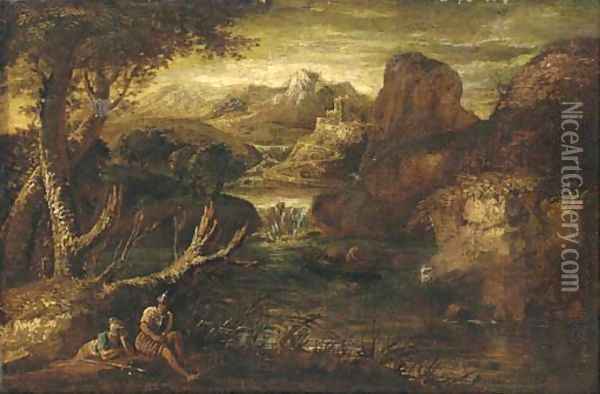 A mountainous river landscape with two soldiers at rest Oil Painting - Salvator Rosa