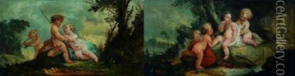 Putti Deguises En Diane (+ Putti Deguises En Mars, Smllr; Pair) Oil Painting - Charles Dominique Joseph Eisen