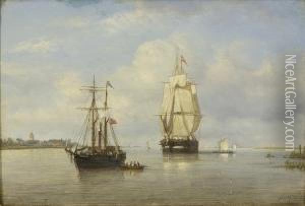 American Packet Ships Entering A Dutch Harbor. Oil Painting - Petrus Paulus Schiedges