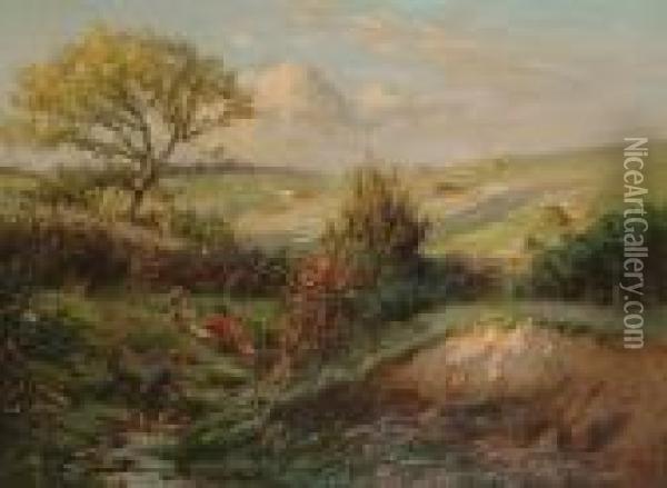 A Sunlit Landscape With Children Playing On A Riverbank In The Foreground Oil Painting - Ernest Higgins Rigg